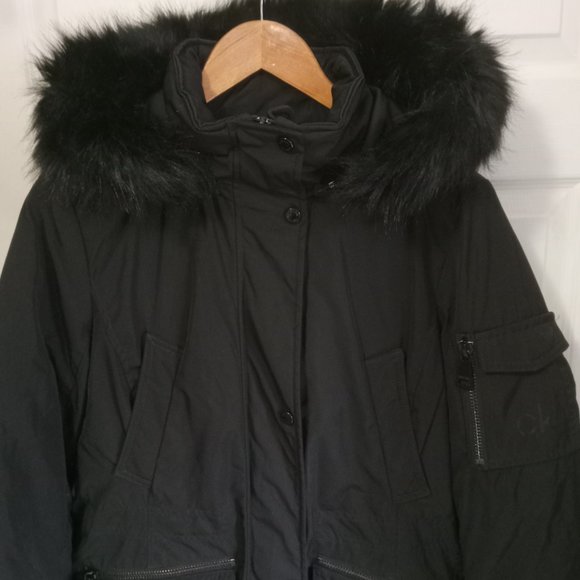 Mint! Calvin Klein Faux Fur Trimmed Down Parka Jacket Black Size Medium - READ - Picture 6 of 9